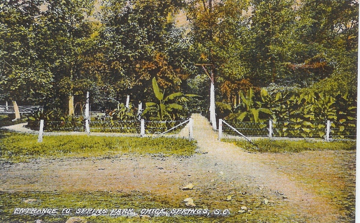 Postcard of the entrance arch to Spring Park at Chick Springs, c. 1928–1935