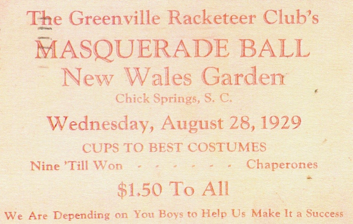 Invitation to a Masquerade Ball at New Wales Garden in Chick Springs, hosted by the Greenville Racketeer Club