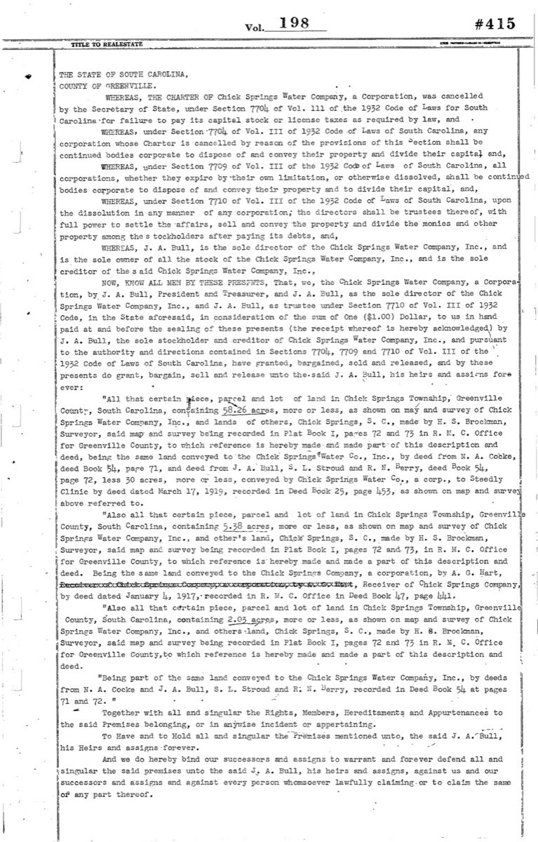 Deed dissolving the Chick Springs Water Company, transferring all assets to J.A. Bull, May 1937