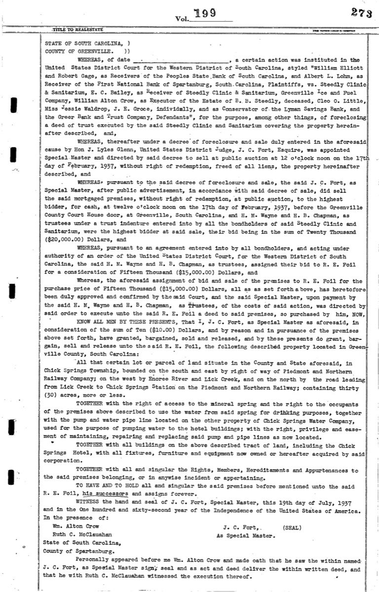 Federal court foreclosure deed transferring the Steedly Clinic property to R.E. Foil, July 1937