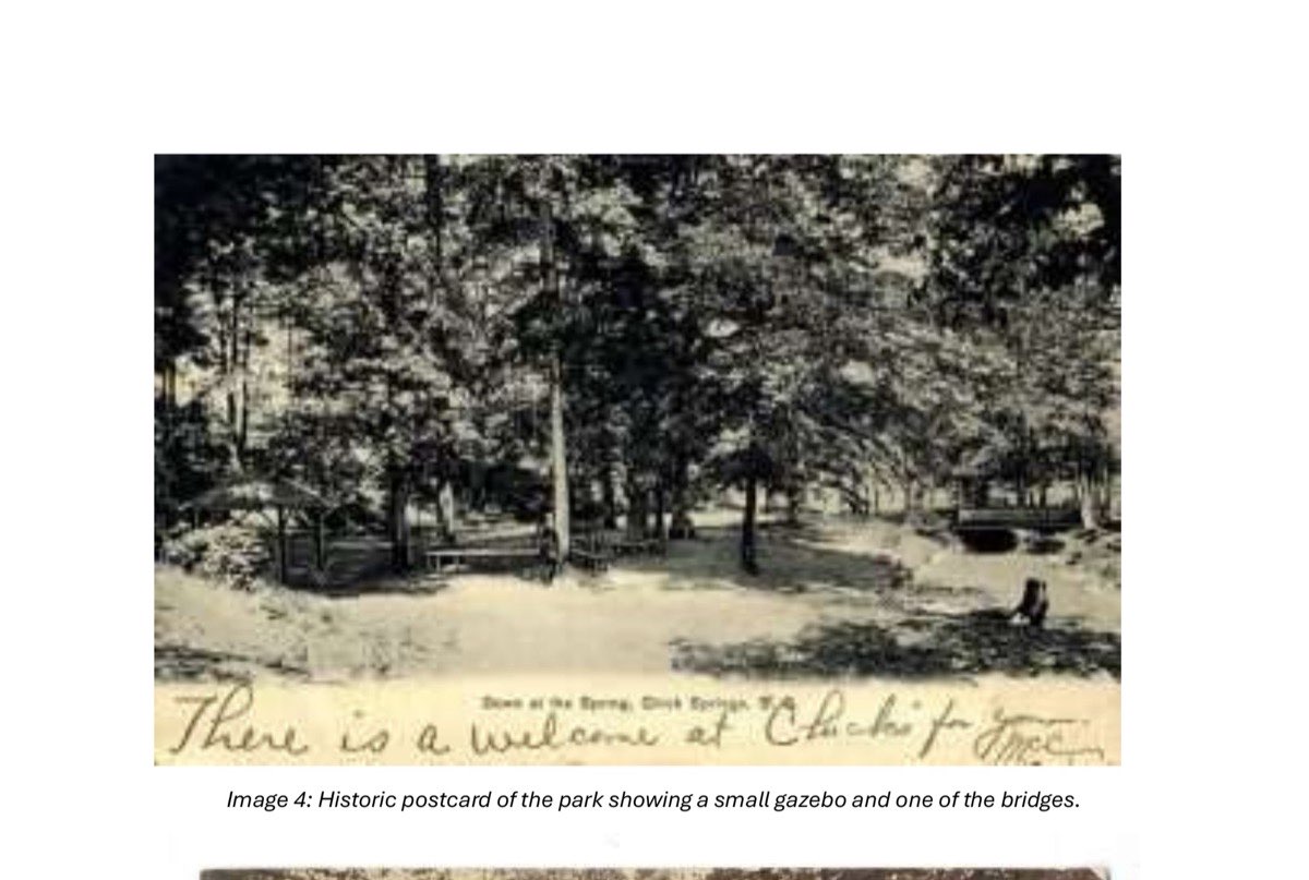 Historic postcard showing a gazebo and bridge in Chick Springs park, c. 1900