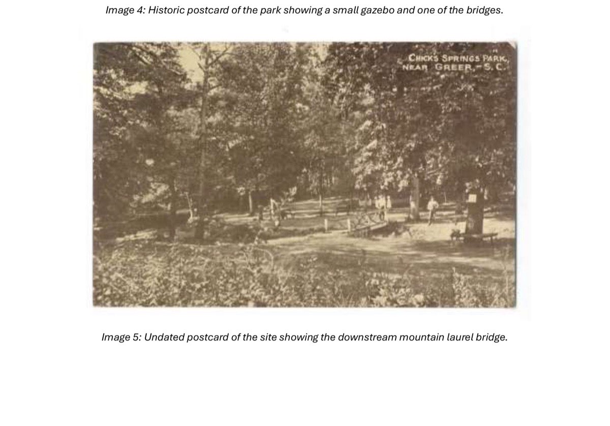 Undated postcard of the downstream mountain laurel bridge at Chick Springs park