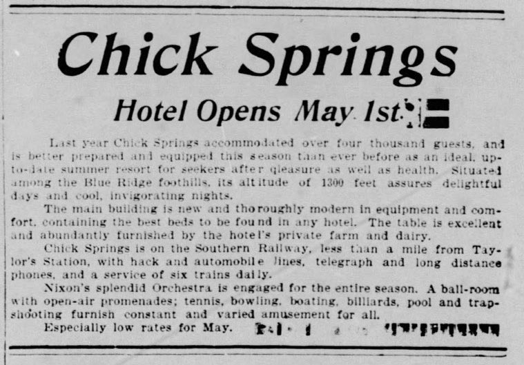 Display advertisement for Chick Springs Hotel opening, Greenville News, May 1905