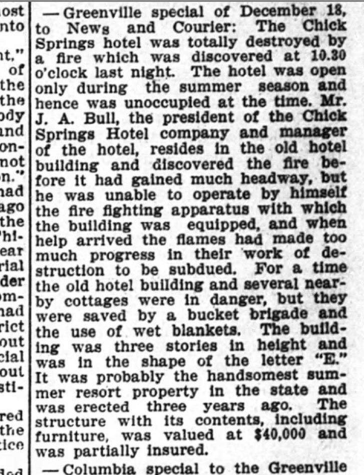 Newspaper account of the Chick Springs Hotel fire, Yorkville Enquirer, December 17, 1907
