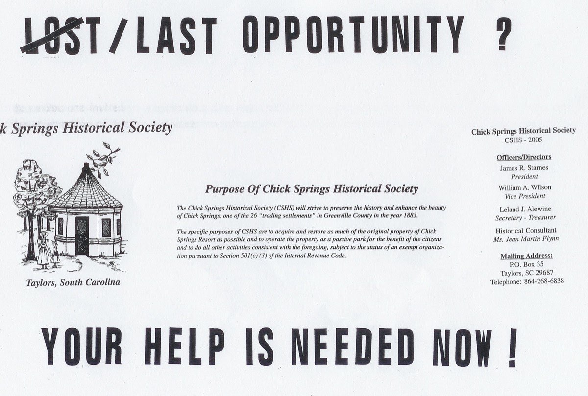Chick Springs Historical Society brochure from 2005 titled 'LOST / LAST OPPORTUNITY?'