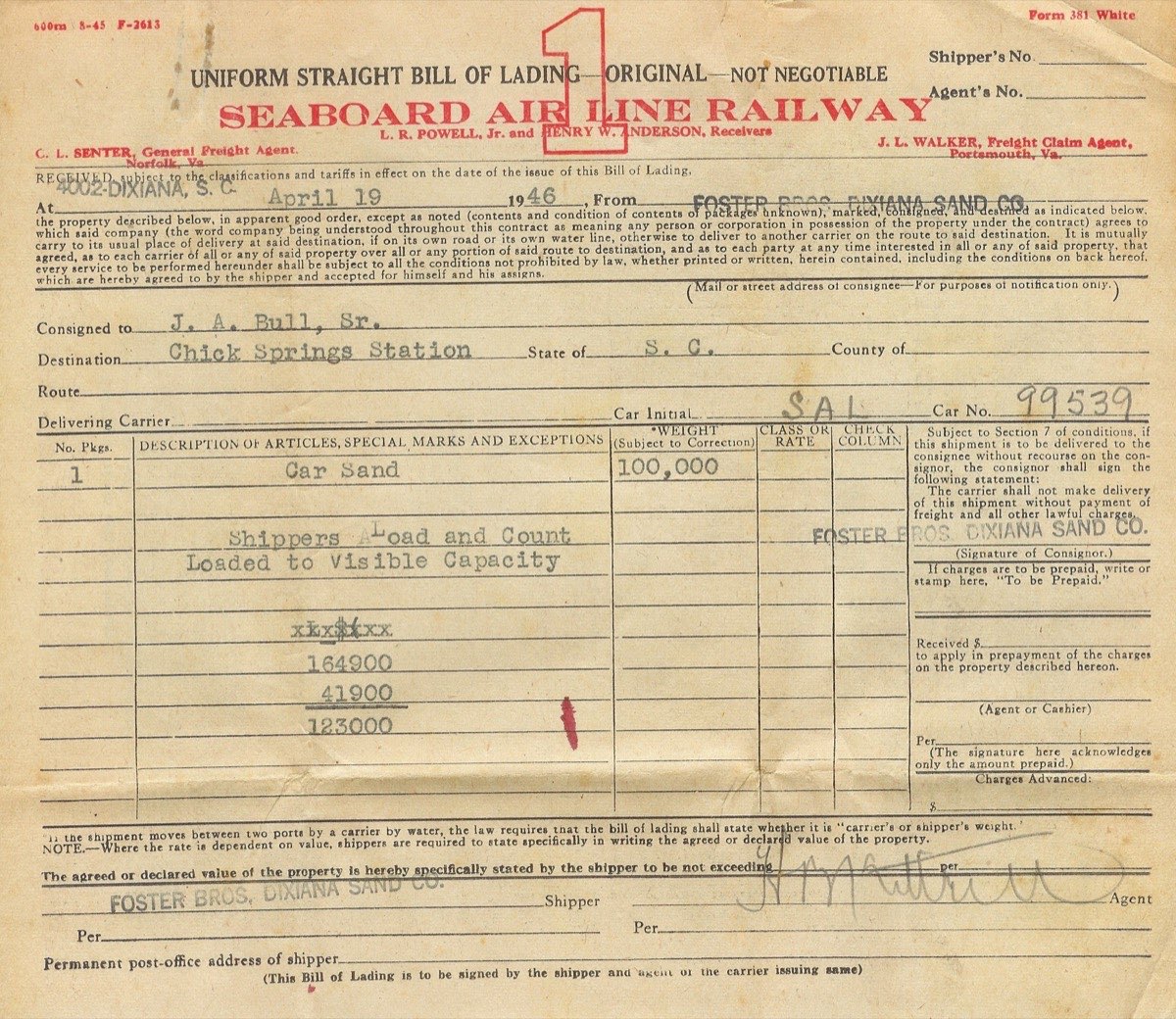 Seaboard Air Line Railway bill of lading for sand shipped to J.A. Bull Sr. at Chick Springs, April 1946
