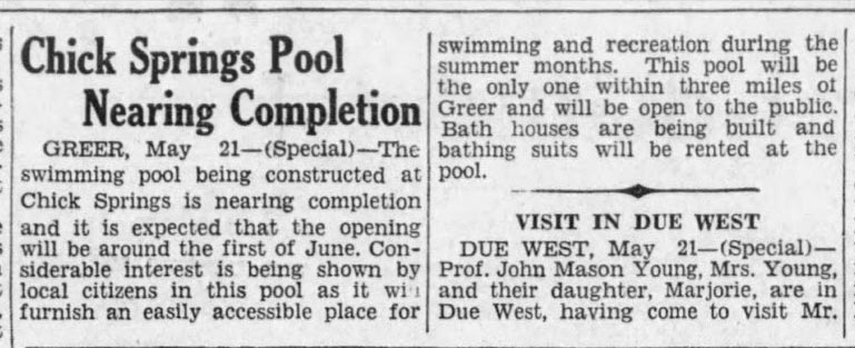 Newspaper announcement of the new Chick Springs swimming pool, Greenville News, May 1927