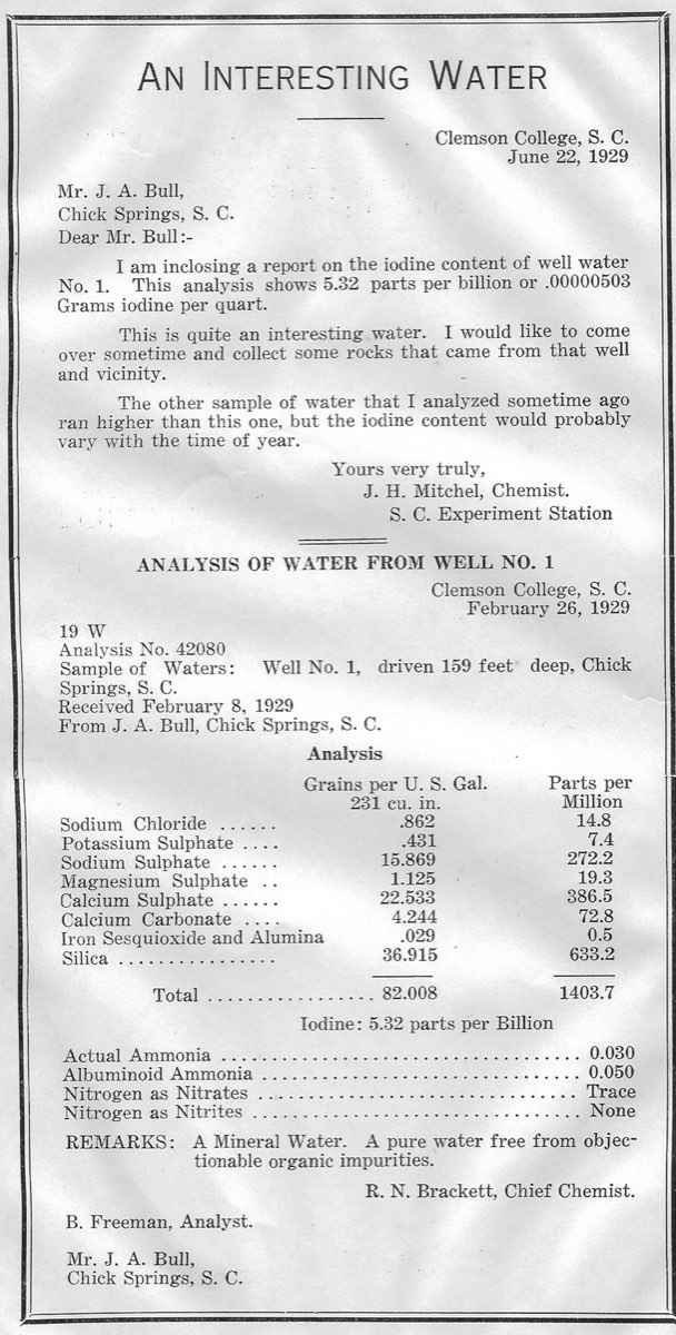 1929 Clemson College water analysis of Chick Springs water, conducted just three months before the devastating September flood