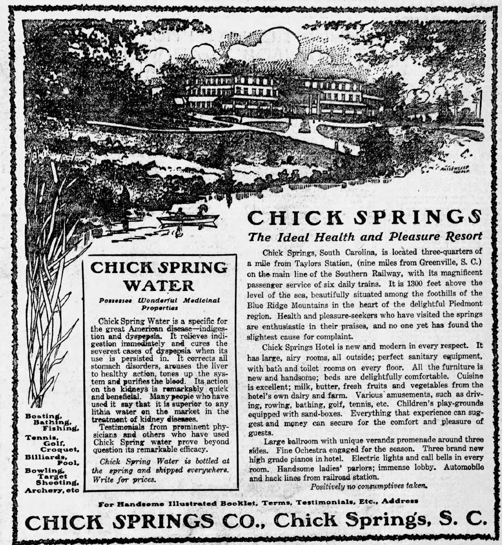 Full-page illustrated advertisement for Chick Springs Hotel in the Atlanta Journal, May 29, 1904