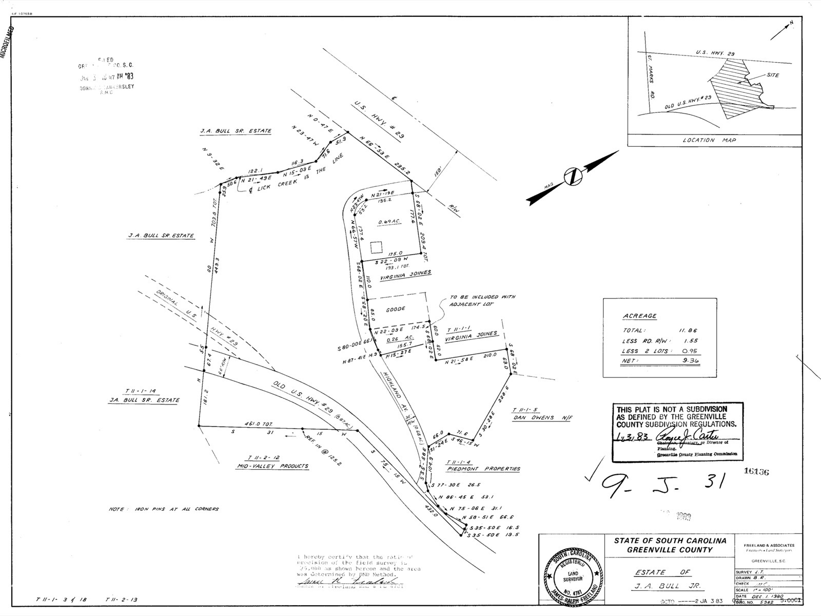Plat of the Estate of J.A. Bull Jr. showing the subdivision of remaining Chick Springs parcels, 1983