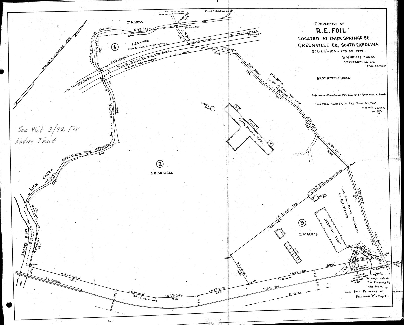 Plat of the R.E. Foil property at Foil Creek showing the subdivision of the former Chick Springs Hotel tract, 1939