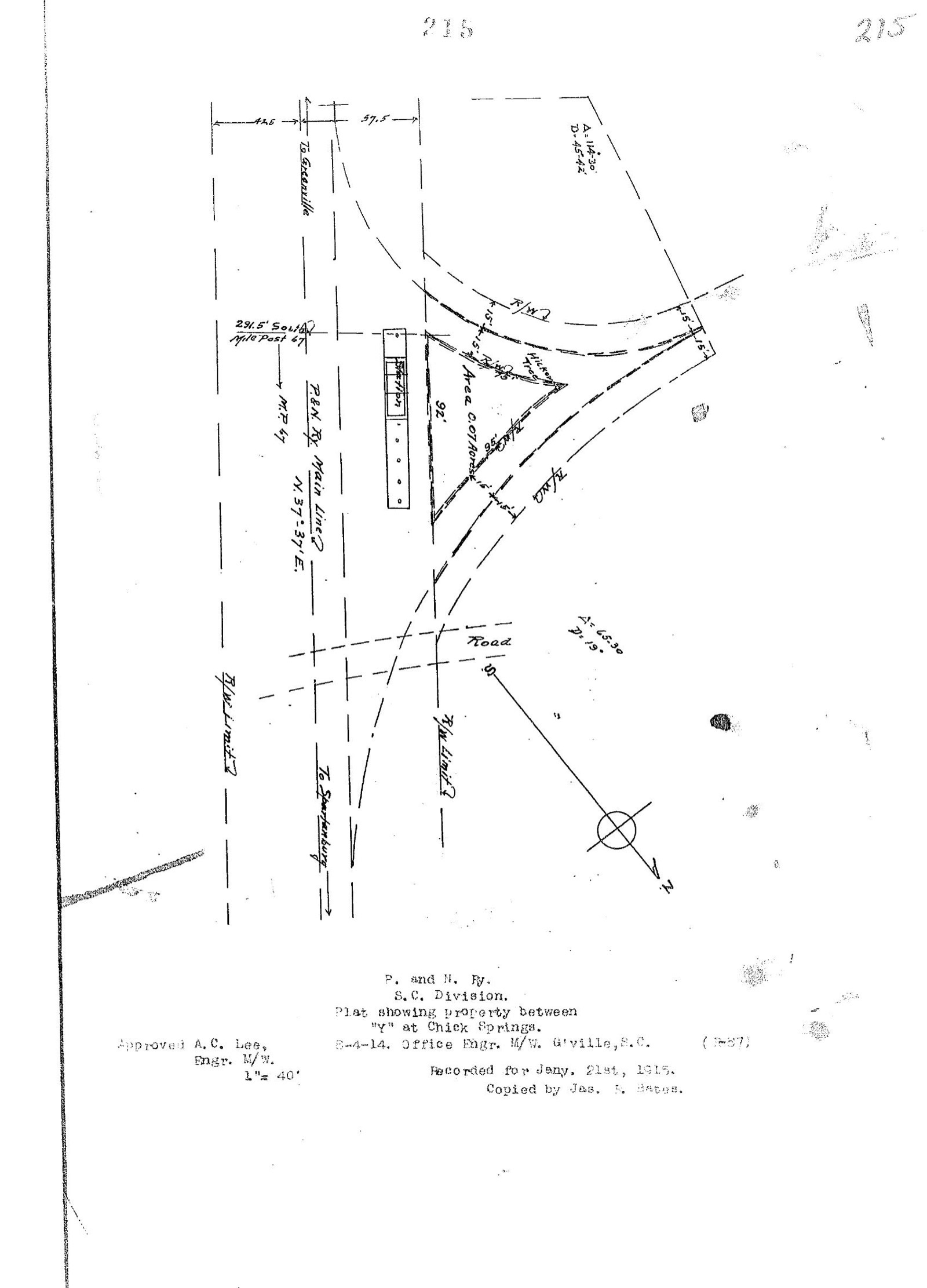 Plat of the Piedmont Northern Railway right-of-way through the Chick Springs property, 1915
