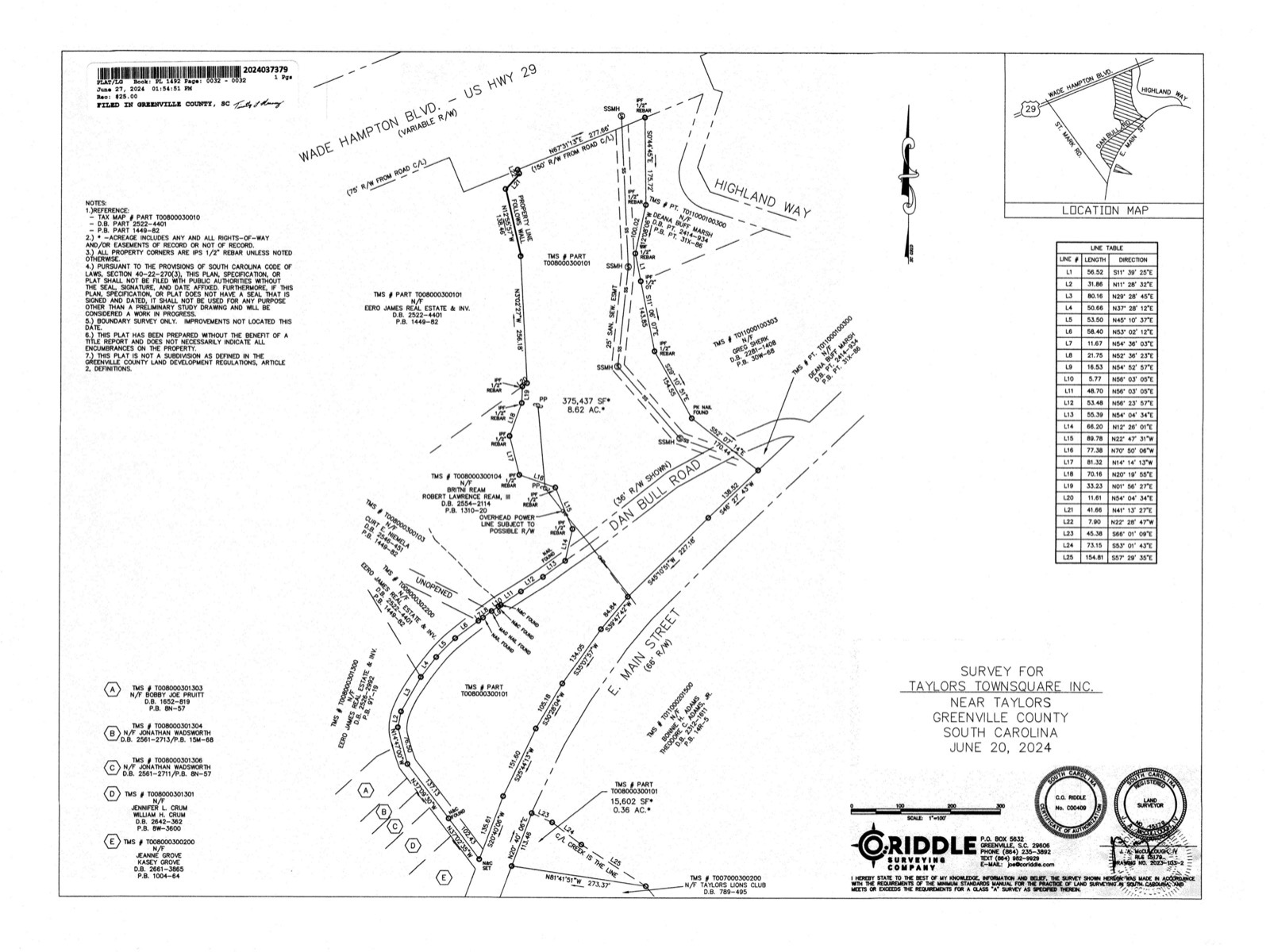 Survey plat of the 8.62-acre Taylors TownSquare parcel at Wade Hampton, Dan Bull Road, and Main Street, 2024